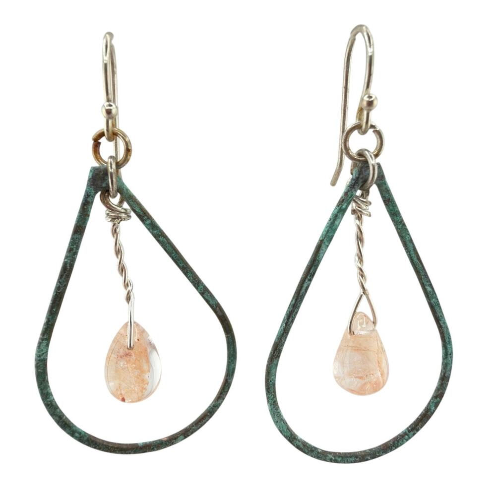 New Handcrafted Artisan Teardrop Patina Metal and Gemstone Dangle Earrings